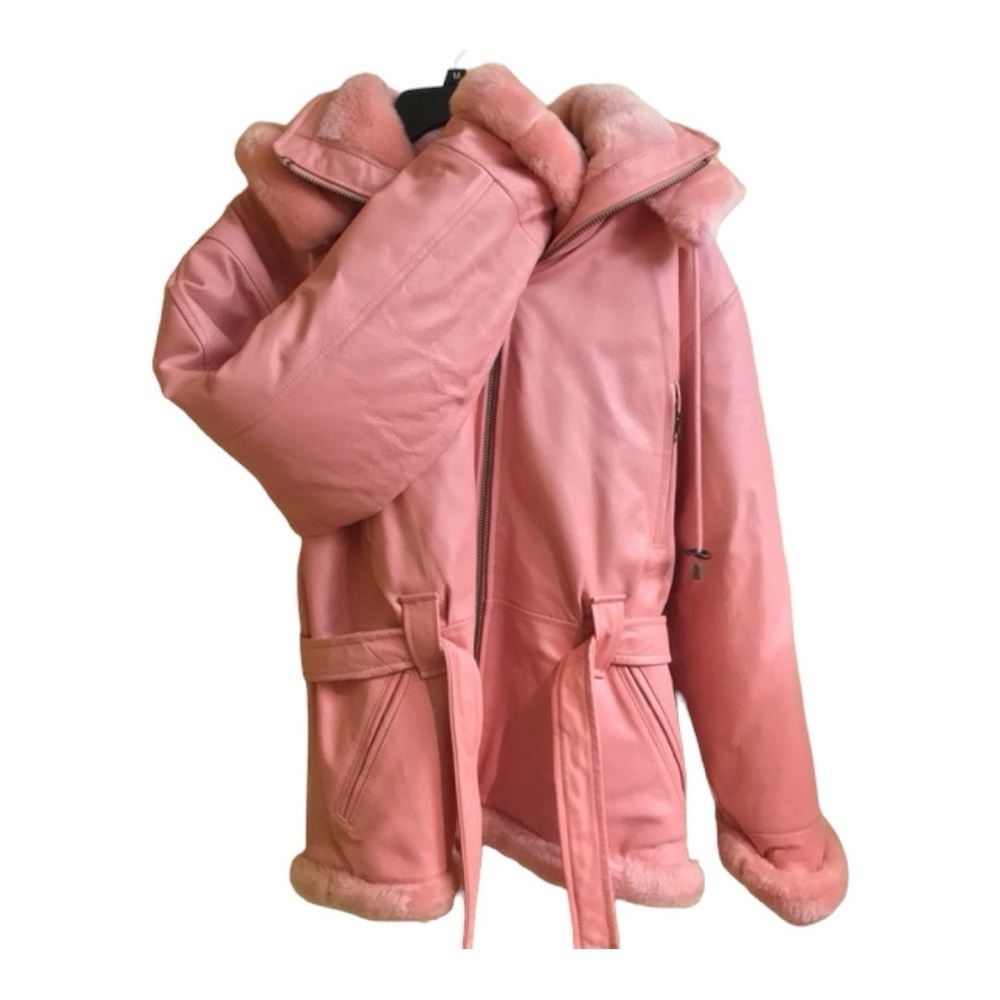 Wilda Bubblegum Pink 100% Leather Faux Fur Lined Hooded Coat Size Large